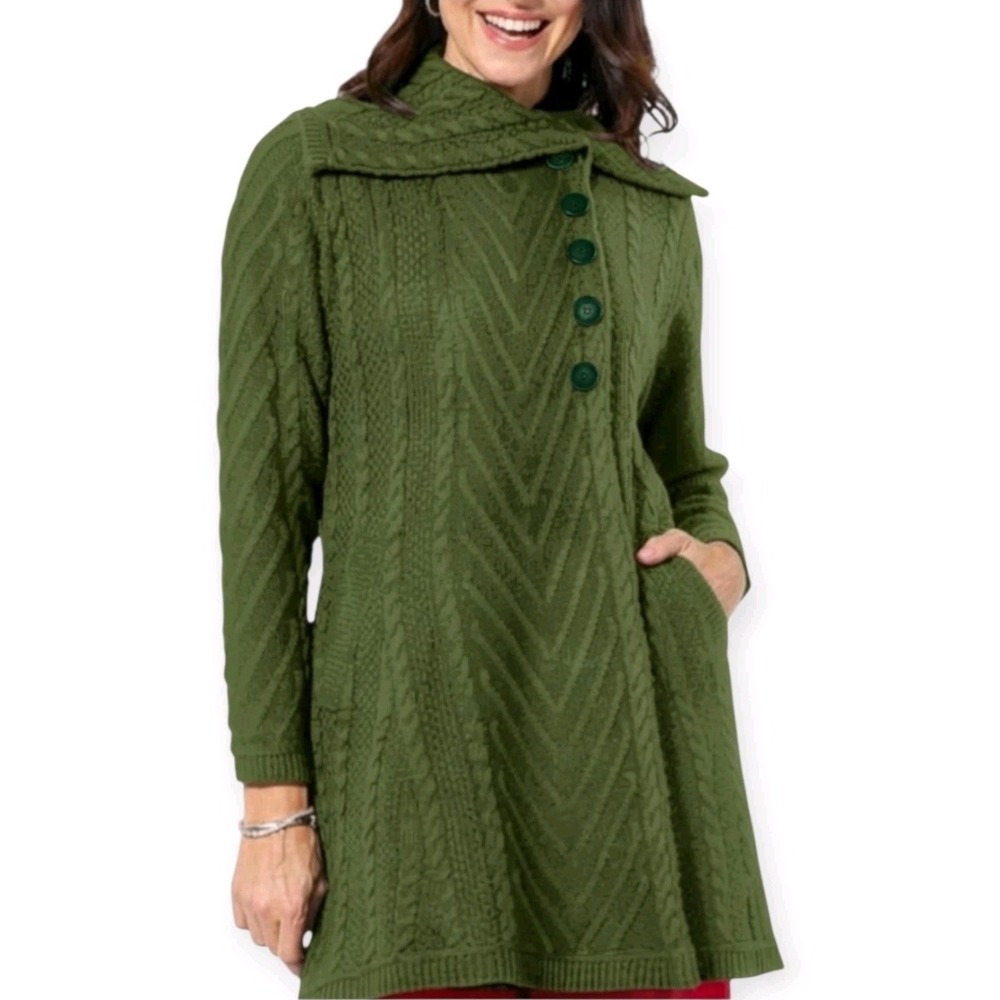 Antthony S NWT Aran Cable Knit Sweater Coat Green Fall Winter Boho Button